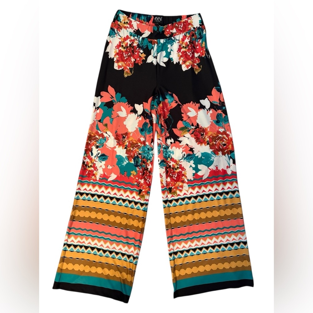ECI Floral and Striped Wide-Leg Pants - Black, Red,‎ Orange, Green